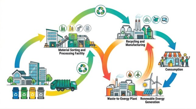 Vector infographic diagram illustrating circular economy waste sorting recycling manufacturing renewable energy and sustainable resource management cycle
