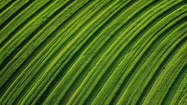 An aerial perspective captures the intricate patterns of a vast green agricultural field with parallel undulating rows of crops highlighting the textures and natural beauty of cultivated land