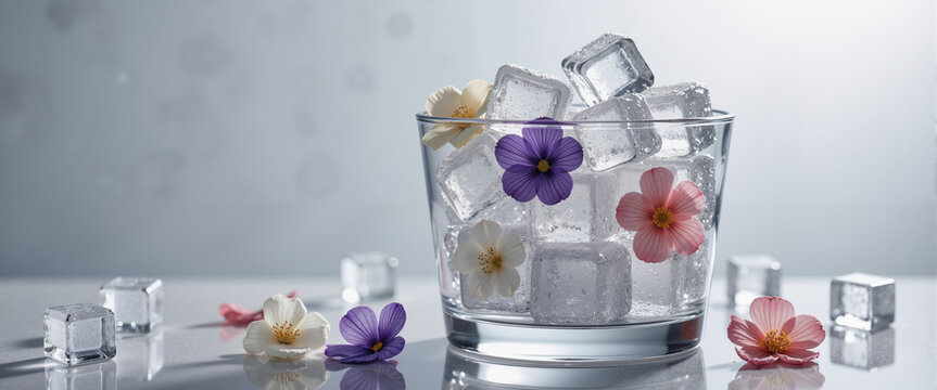 Ice bucket with frozen flowers for summer beverage blogs and creative party stock images