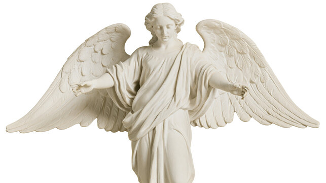 White marble angel statue with large feathered wings, isolated on transparent background
