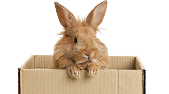 Fluffy brown rabbit peeking out of a cardboard box, isolated on transparent background