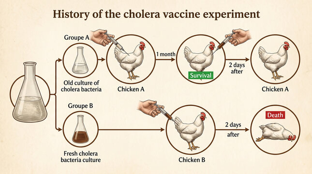 Educational illustration showing the history of vaccine discovery, comparing the effects of old and fresh cholera bacterial cultures on chickens.