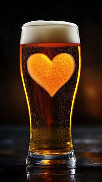 Pint of beer with heart shaped foam celebration and romance concept