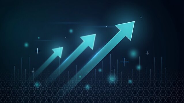Glowing blue arrows rising upward on a dark background with futuristic elements and a grid pattern