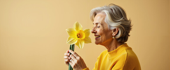 Naklejka premium Person smelling daffodil bloom for spring season blogs and aromatherapy visuals