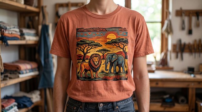 Woman wearing mock up orange t-shirt with safari graphic print in creative workshop