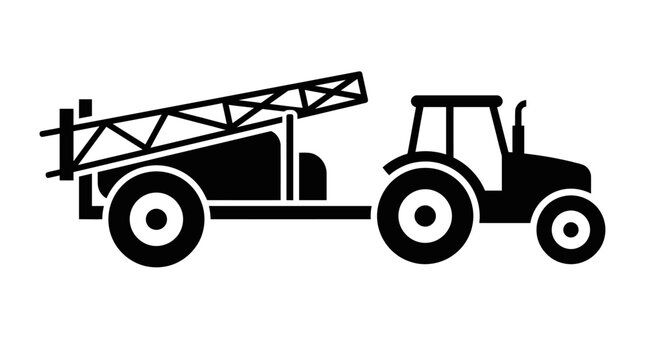 Black icon of a tractor towing a sprayer with a ladder