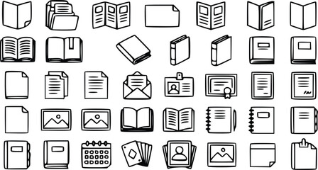 Fototapeta premium Collection of hand drawn book and document icons set including notebooks folders papers and various stationery design elements isolated