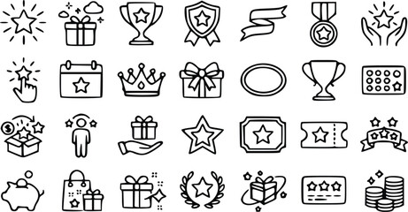 Fototapeta premium Vector illustration set of hand drawn reward icons featuring stars trophies gift boxes medals crowns and various golden prizes