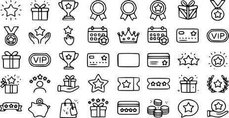 Fototapeta premium Loyalty program icons set featuring hand drawn vector symbols of stars rewards trophies gifts and vip membership marketing elements