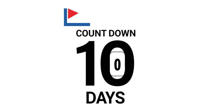 Countdown 10 Days text with a small flag marker, indicating an upcoming event, isolated white background.