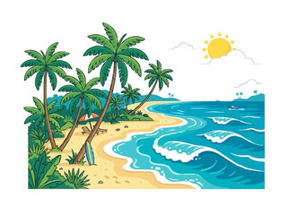 Obraz premium Palm tree sea vector illustration. Tropical coastline with ocean waves and palm trees, vacation and summer beach concept, simple modern style isolated on white.