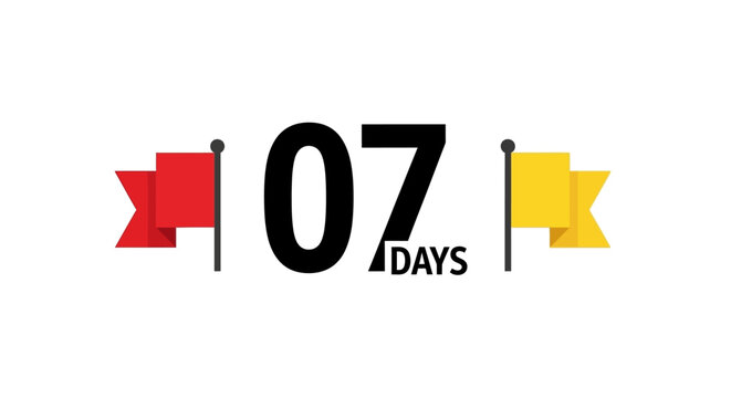 Important Event Countdown 07 Days with Red and Yellow Flags on Isolated White Background