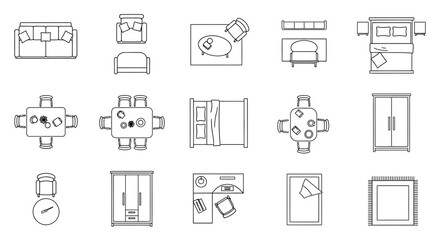 Fototapeta premium Collection of simple black line icons representing various household tools and objects.