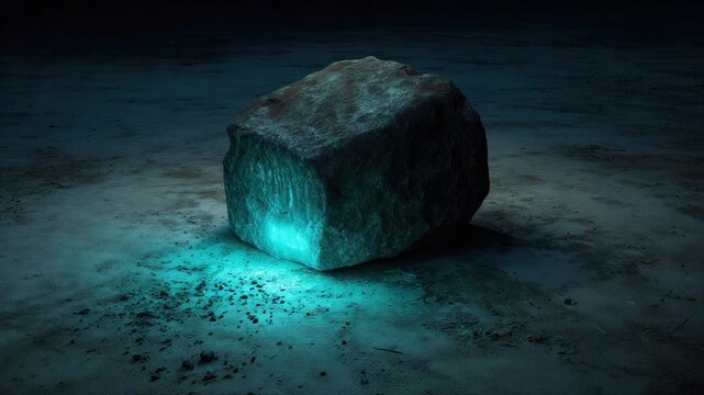 A large, textured, dark rock emits a bright turquoise light on a desolate, sandy surface