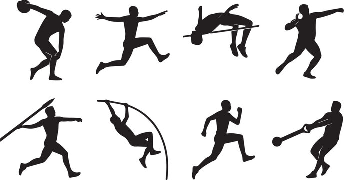 Set of track and field athletes track silhouettes in different sport poses isolated on white background