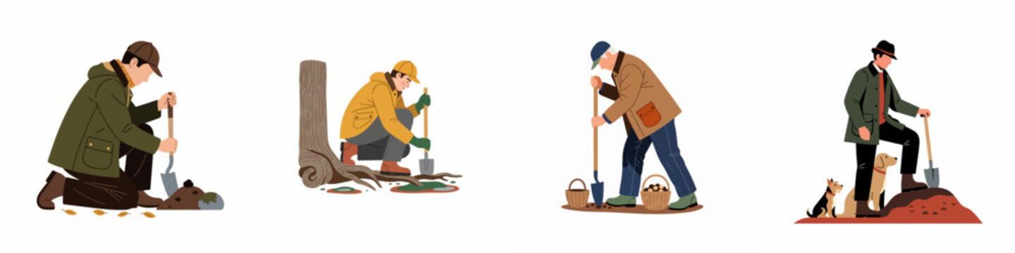 Set of four flat vector illustrations depicting men digging in the earth, gardening, or truffle hunting with dogs and shovels on white background.