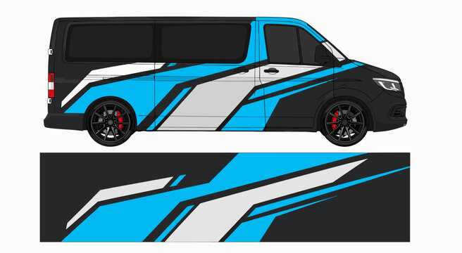 Blue and white modern corporate van wrap graphic.