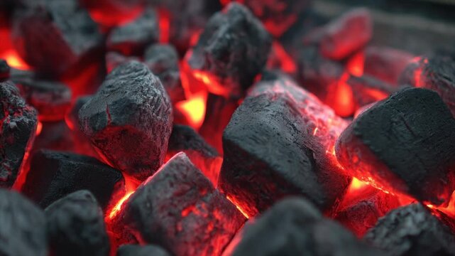 Close-up of glowing hot coals, intense red light illuminating textured, dark pieces