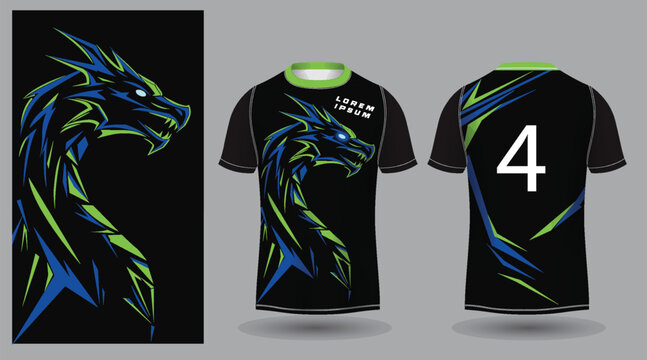 Esports jersey design with abstract blue and green dragon mascot logo template for professional gamers team uniform kit.