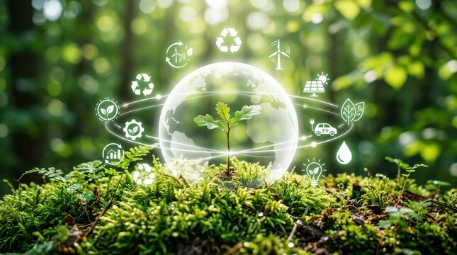 Eco friendly sustainable living and environmental conservation concept with green globe and icons