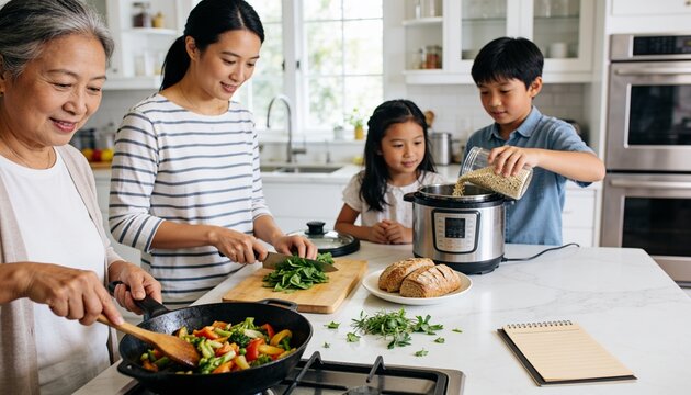 Multi-generational Asian family preparing a healthy meal in a bright kitchen, grandmother and mother teaching children to cook for wellness, togetherness and lifestyle