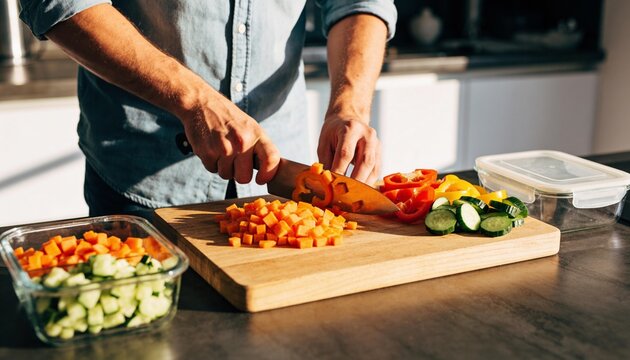 Adult man dicing fresh vegetables on a wooden cutting board in a bright kitchen, meal prepping healthy ingredients for wellness and balanced diet at home