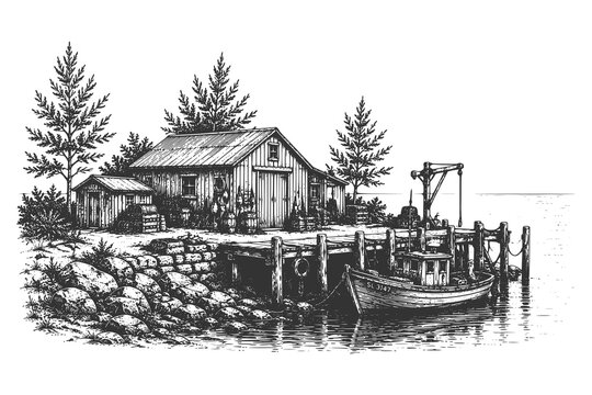 Vintage engraved harbor cabin vector illustration with wooden pier, fishing boat, and coastal shack in a rustic waterfront village setting
