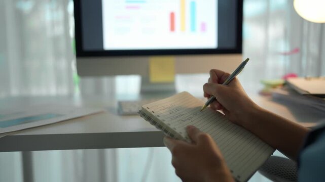 Close up of a female analyst's hands writing important data on a notepad while watching a business presentation with charts on her computer screen, studying statistics for a new project