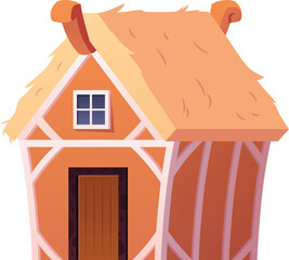 Naklejka premium A cozy medieval half-timbered house with a thatched roof and a wooden door and window.