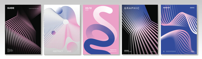 Fototapeta na wymiar Abstract wavy line poster vector set with flowing gradient curves, optical stripe patterns and modern geometric cover layouts for flyer, banner, social media and print design.
