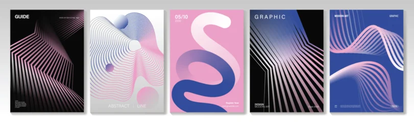 Fototapeten Restaurant Abstract wavy line poster vector set with flowing gradient curves, optical stripe patterns and modern geometric cover layouts for flyer, banner, social media and print design.  © TWINS DESIGN STUDIO