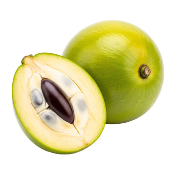 Fresh whole and sliced soursop fruit on transparent background.