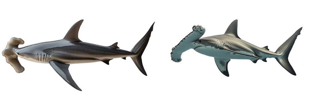 Two toy sharks and sea turtles swimming in ocean isolated on transparent background