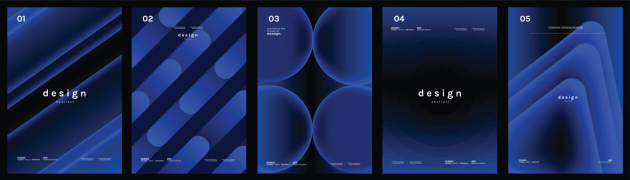 Electric blue poster vector templates. Abstract dark gradient backgrounds with rounded geometric forms for flyer, banner and social media design.