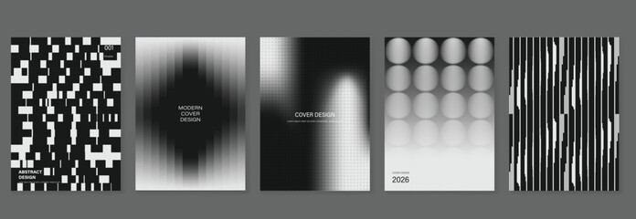 Naklejka premium Abstract monochrome poster vector set with black and white geometric patterns, blurred gradient covers, pixel shapes and optical stripe layouts for modern flyer, banner and print template design.