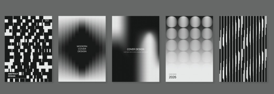 Abstract monochrome poster vector set with black and white geometric patterns, blurred gradient covers, pixel shapes and optical stripe layouts for modern flyer, banner and print template design.