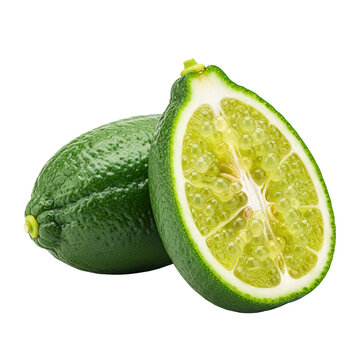Fresh whole finger lime and sliced half with citrus vesicles.