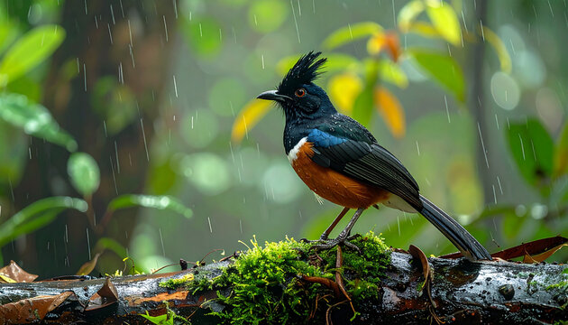 Colorful bird perched on a mossy branch amidst a rainforest rain