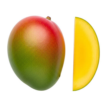 Fresh whole mango fruit and sliced piece on white background.