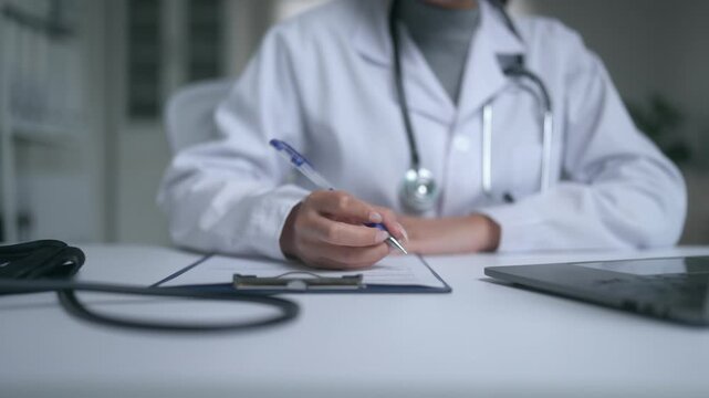 Female general practitioner in a white coat with a stethoscope writing a patient's prescription or medical history on a clipboard in her office, with a laptop and tonometer on the desk