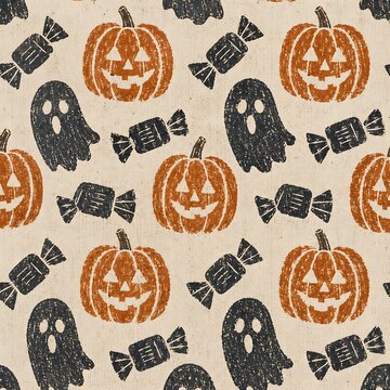Seamless Halloween block print pattern with jack o lanterns ghosts and candy on linen texture background