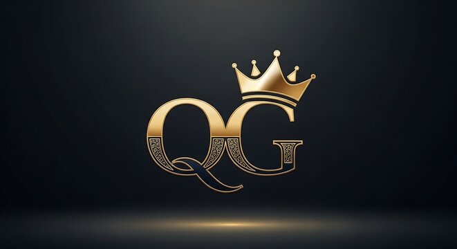 Golden crown-topped monogram logo with 'QG' letters on a dark reflective surface.