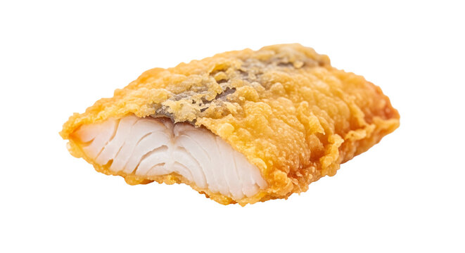 Fried fish fillet piece with golden crispy breaded crust top.
