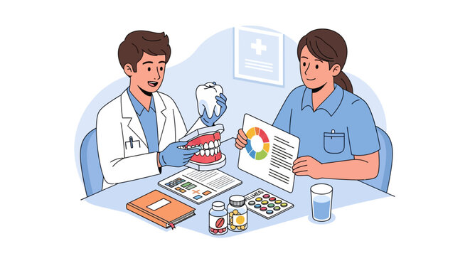 Dentist showing dental hygiene to patient with tooth model.
