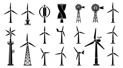 Fototapeta premium Collection of Various Wind Turbines and Windmills Icons for Renewable Green Energy in Black White Glyph Style