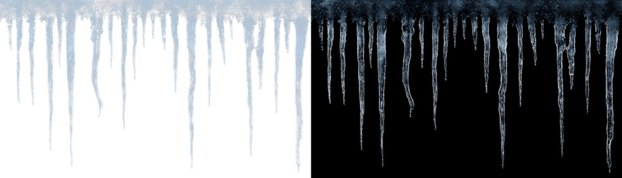 Blue ice icicles hanging with frost snow and cold winter atmosphere creating realistic christmas seasonal decoration overlay for professional design projects use