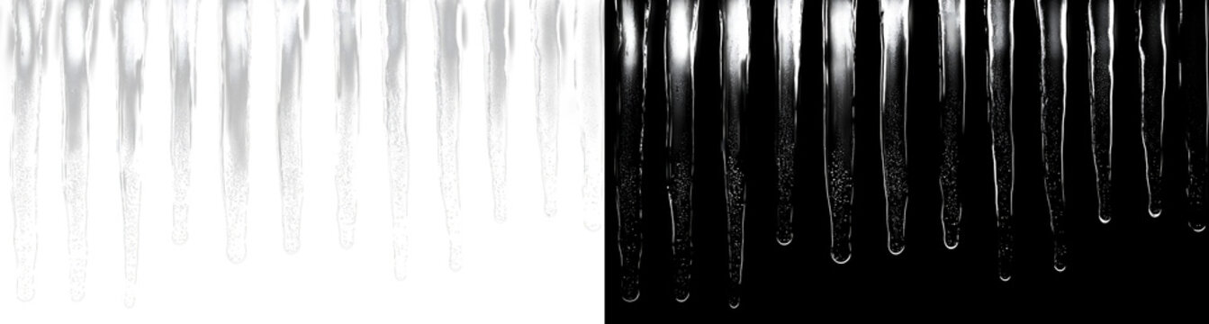 Hanging icicle from snowy roof edge with crystal ice texture melting water drop and natural winter atmosphere for commercial visual compositions