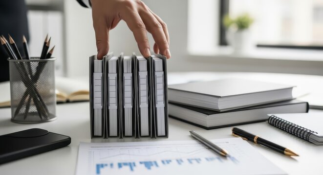 A professional hand meticulously organizes a row of binders on a desk with papers and books, representing efficient business management and detailed record keeping.