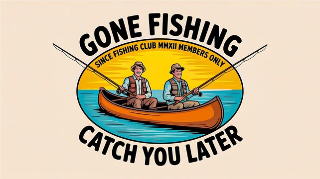 Gone fishing vintage design with people enjoying a boat trip and relaxing outdoors
